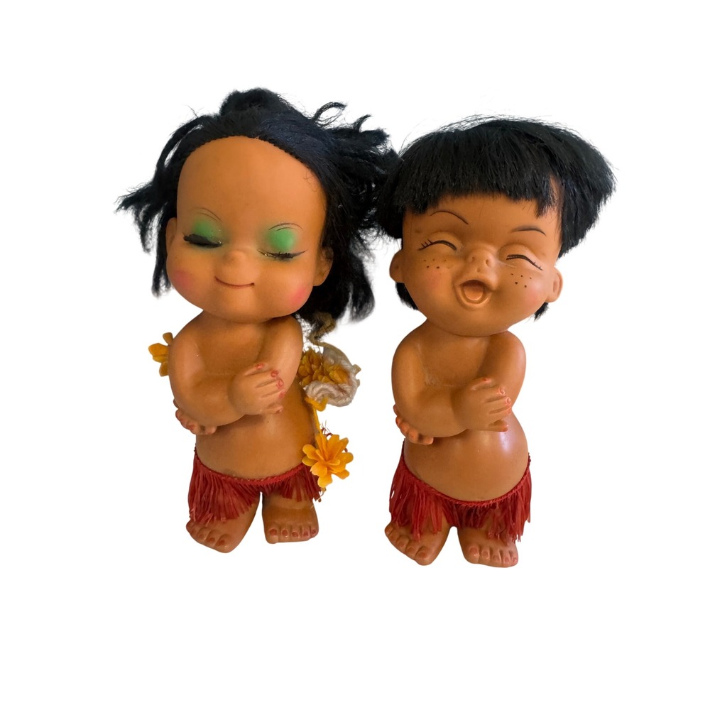 Vintage Hawaiian Hula Girl and Boy Dolls Hong Kong Souvenir Tiki Kitsch Pair